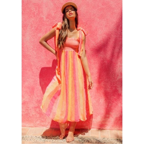 Sundress Melina Metallic Stripe Smocked Babydoll Midi Dress Marbella Pink Orange - Picture 9 of 9